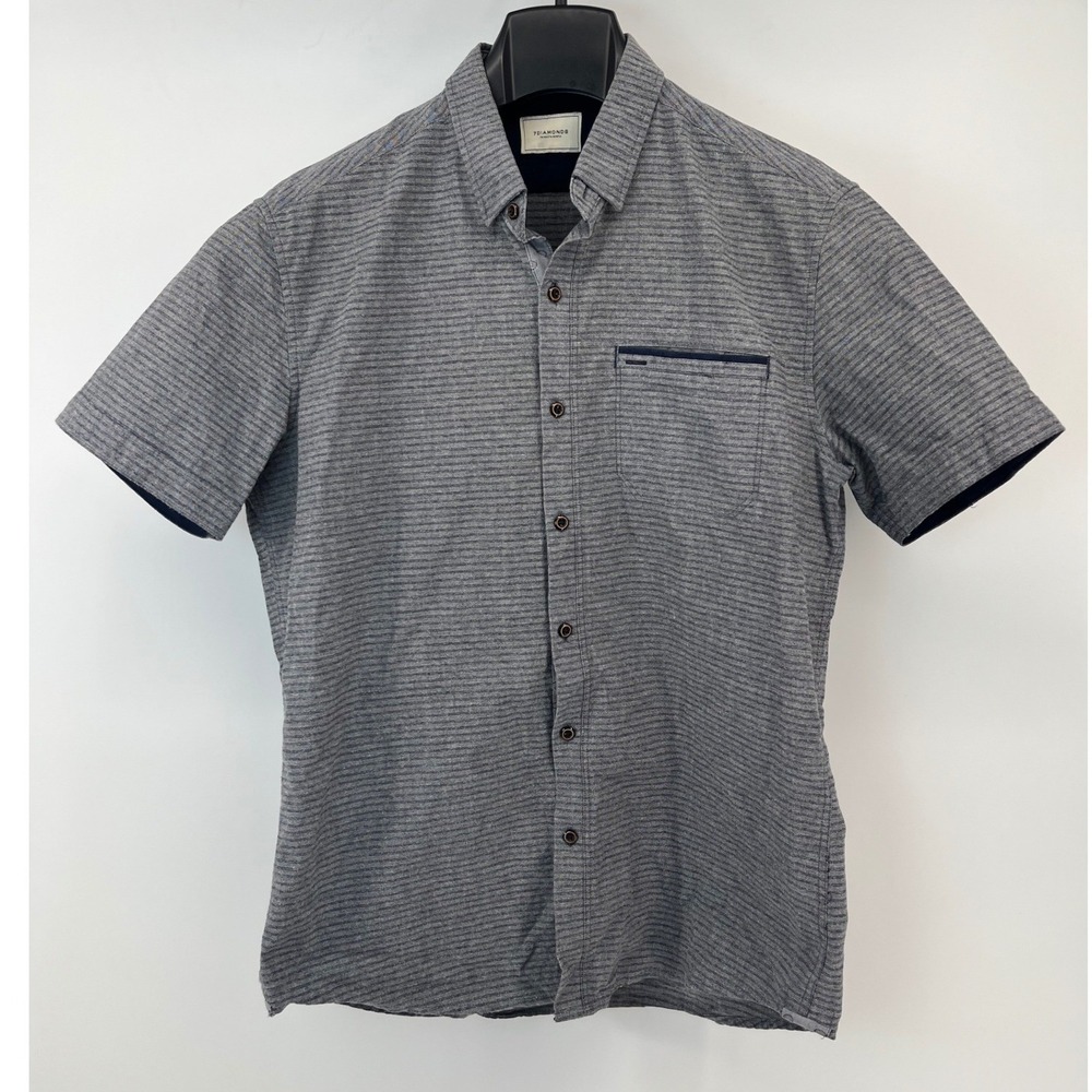 7 Diamonds Button Down Shirt Mens Size M Grey Navy Striped Short Sleeve